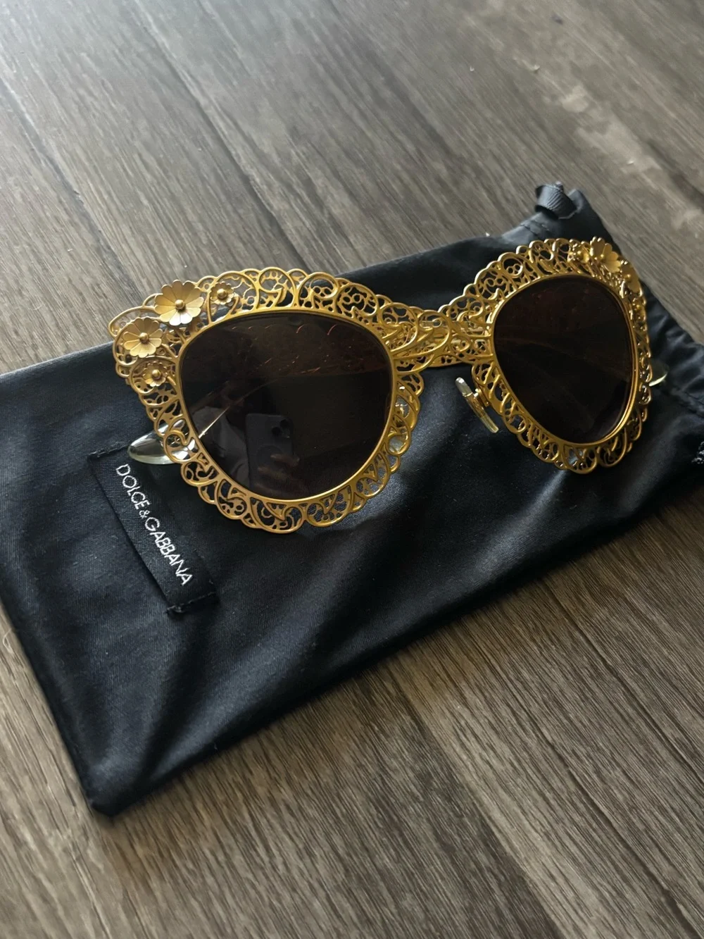 Dolce & Gabbana Filigree Metal Cateye Sunglasses Vintage Gold